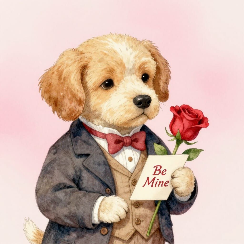 Charming Dog with Rose and Valentine Card in Storybook Style