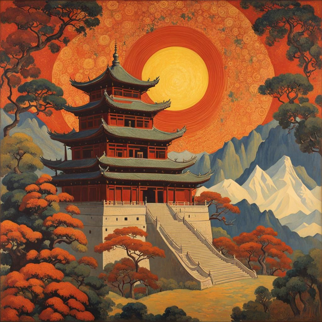 Shaolin Monastery in Cosmic Post-Impressionist Style