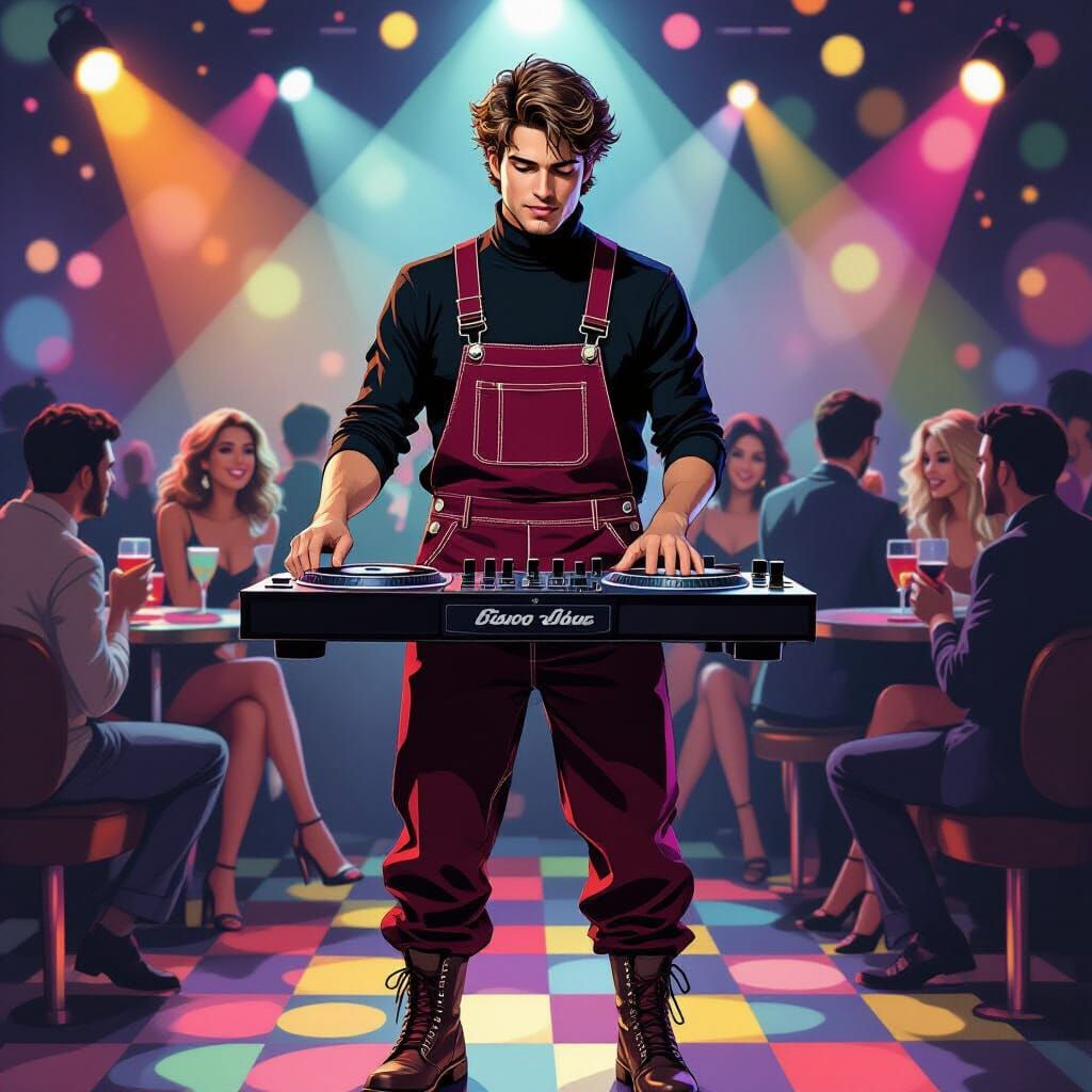 DJ in Disco with Turntable, Bold Disco-Funk Art Style