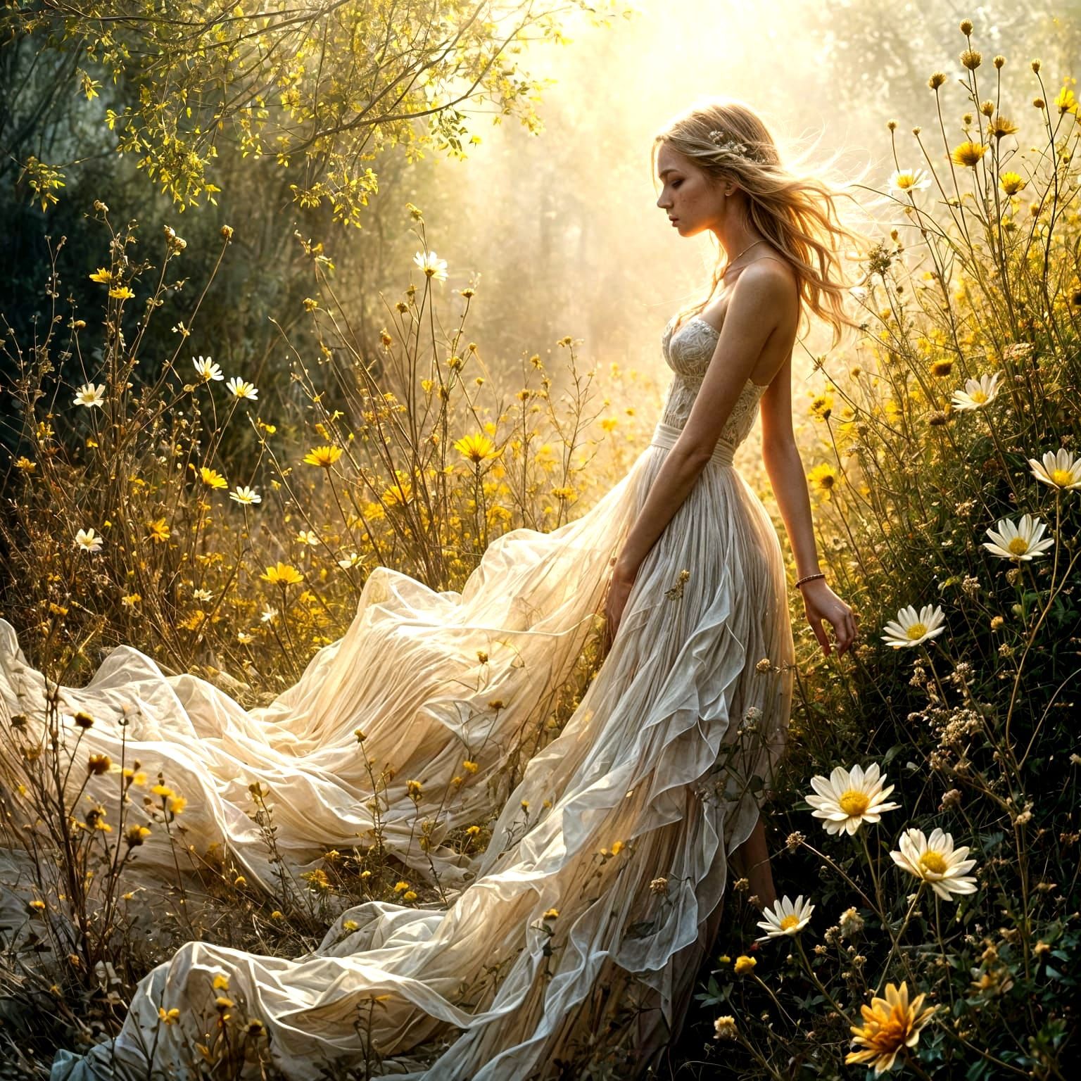 Dreamy Blond Model in Floral Landscape, Moody Art