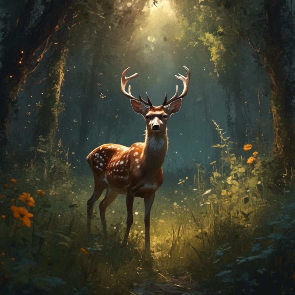 Deer in Sunlit Forest Glade
