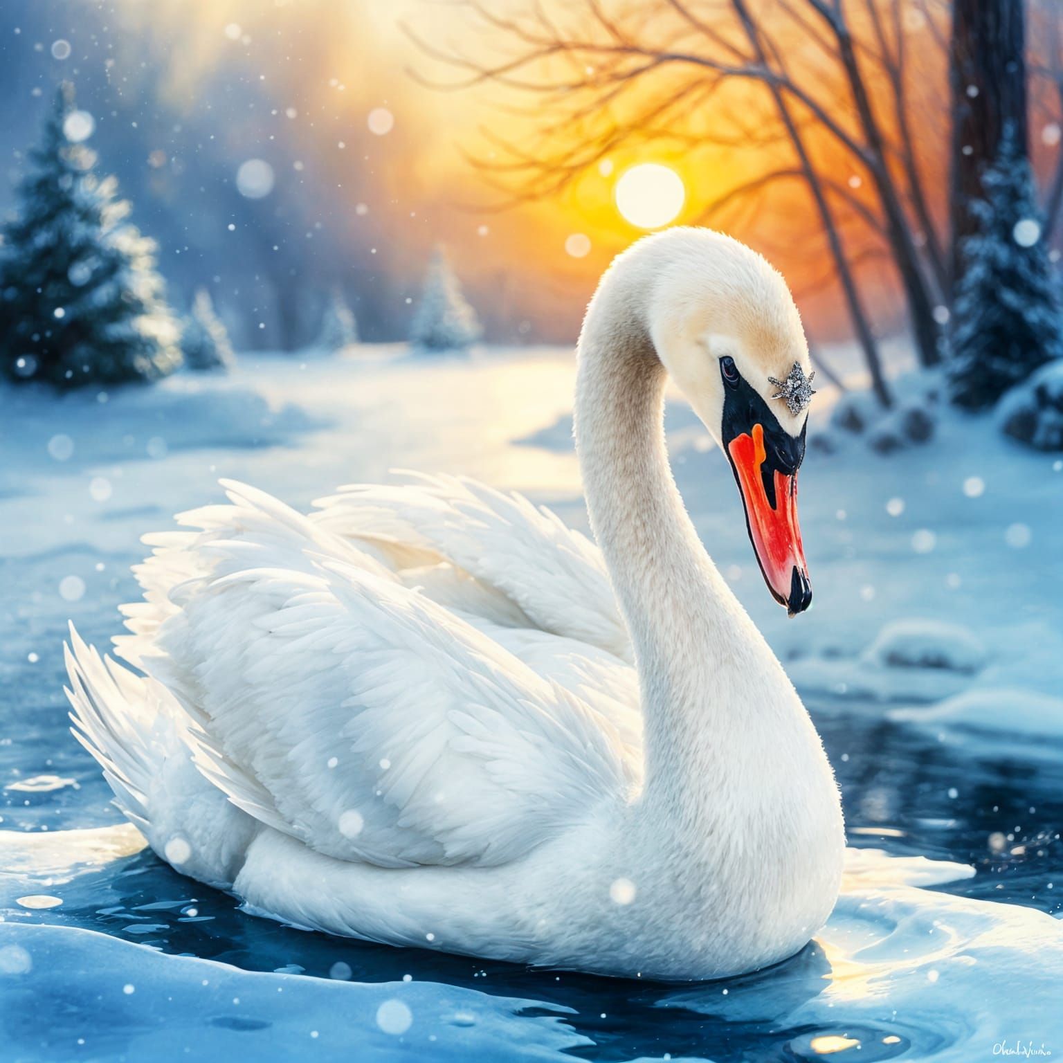 Elegant White Swan in Winter Regalia