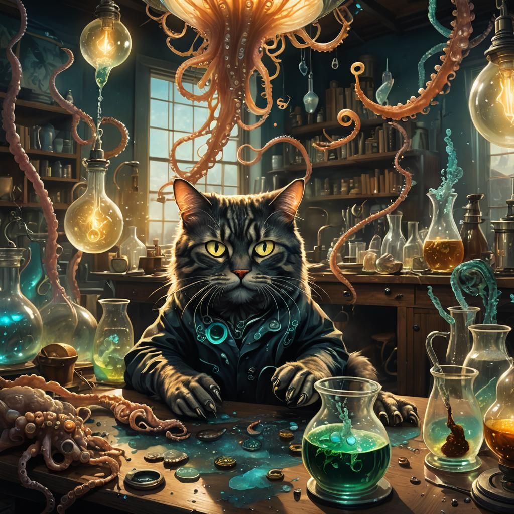 Genius Cat Creates Cephalopod in Dark Fantasy Style