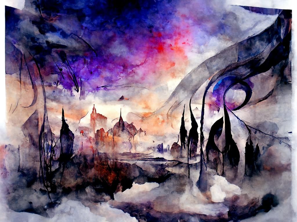 Ominous Serene Dreamscape: Geometric Ink and Watercolor Pain...