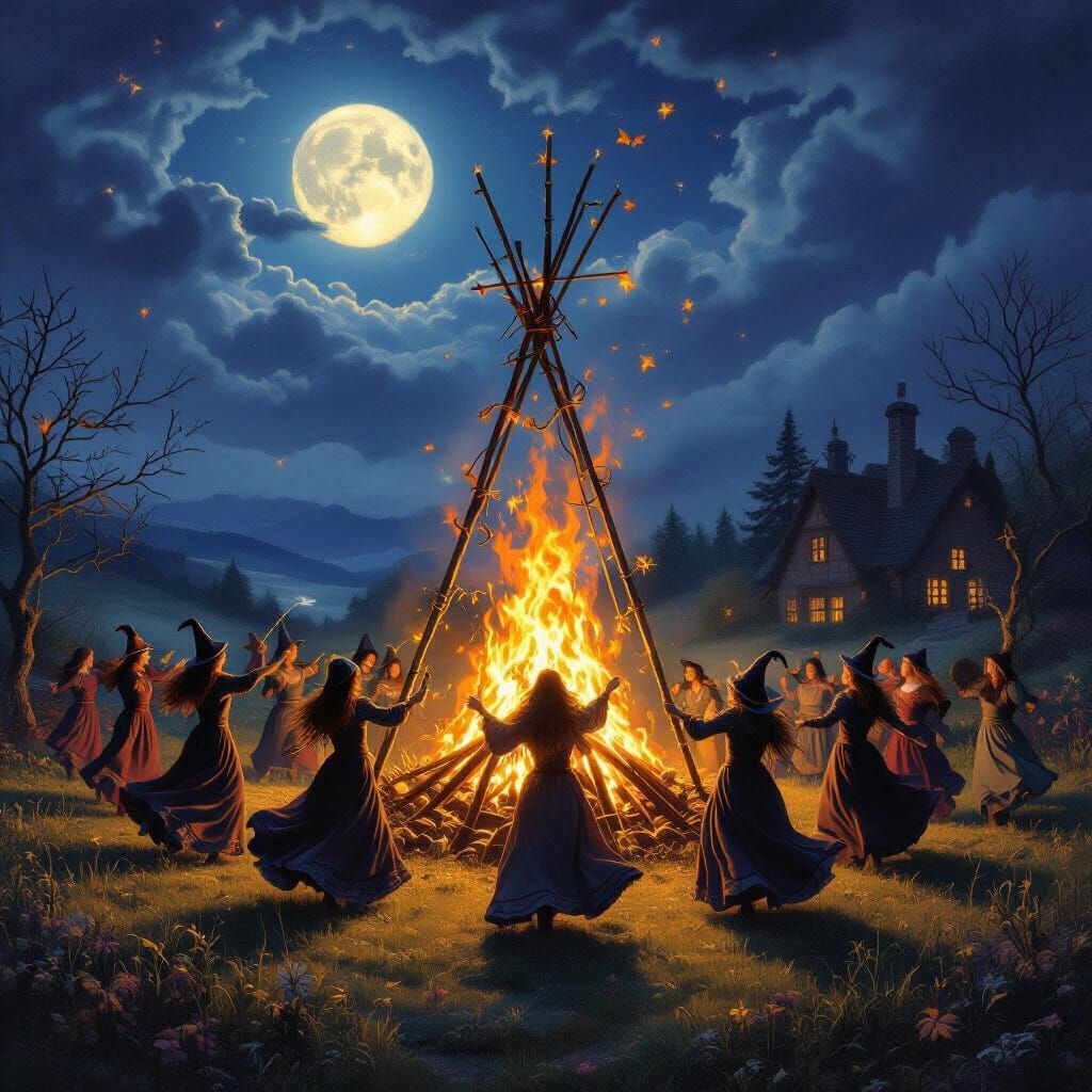 Ethereal Witches Dance Around Beltane Bonfire Under Moonlit ...
