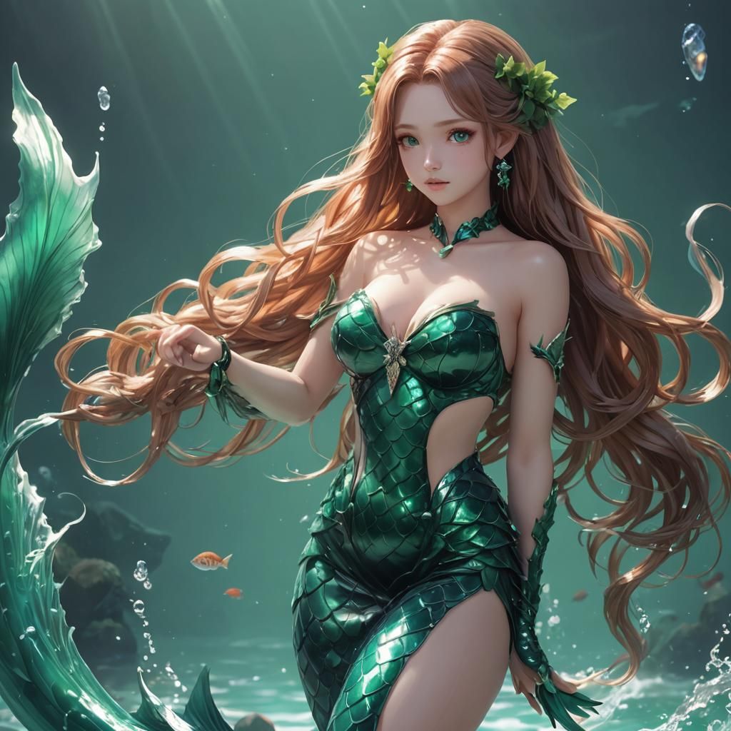 Detailed Emerald Mermaid in 3D Anime Art