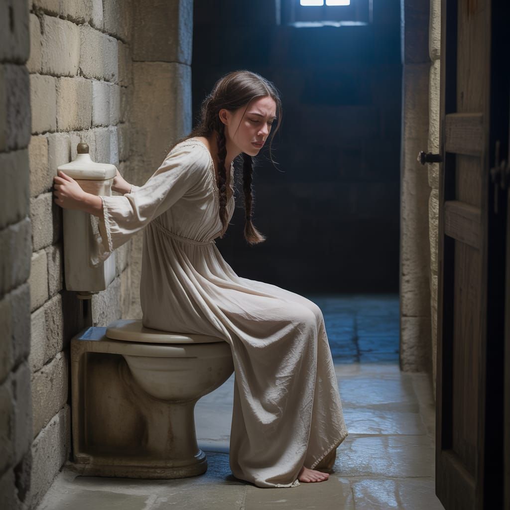Woman in Nightgown on Medieval Toilet