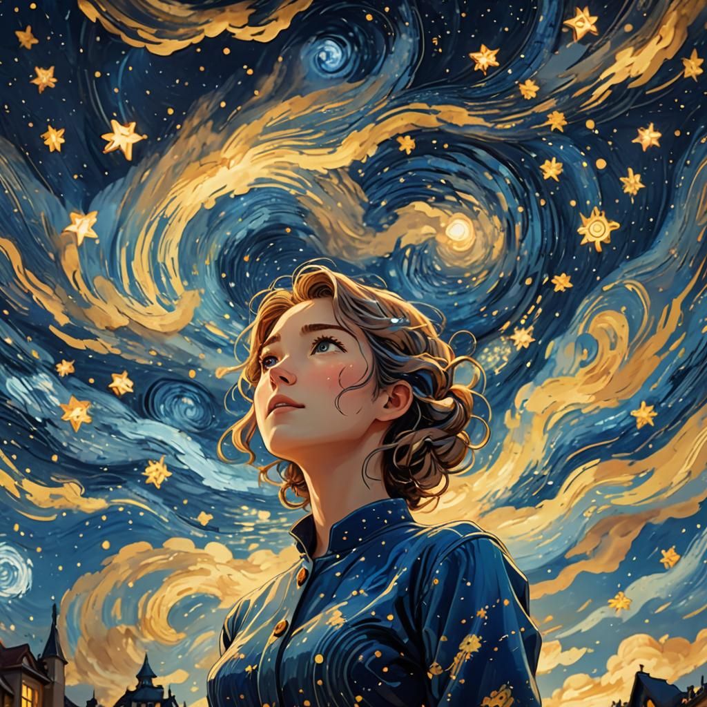 Anime Woman in Starry Night Sky, Van Gogh-Inspired