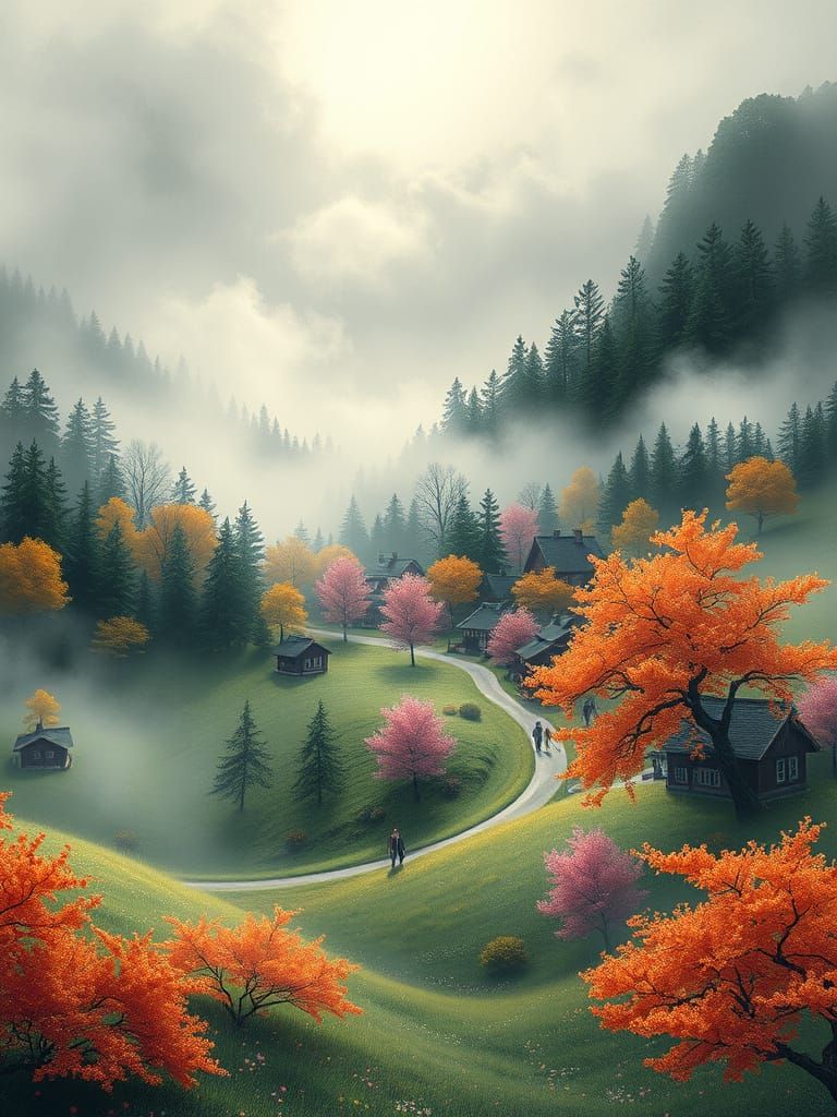Whimsical Village in Misty Season