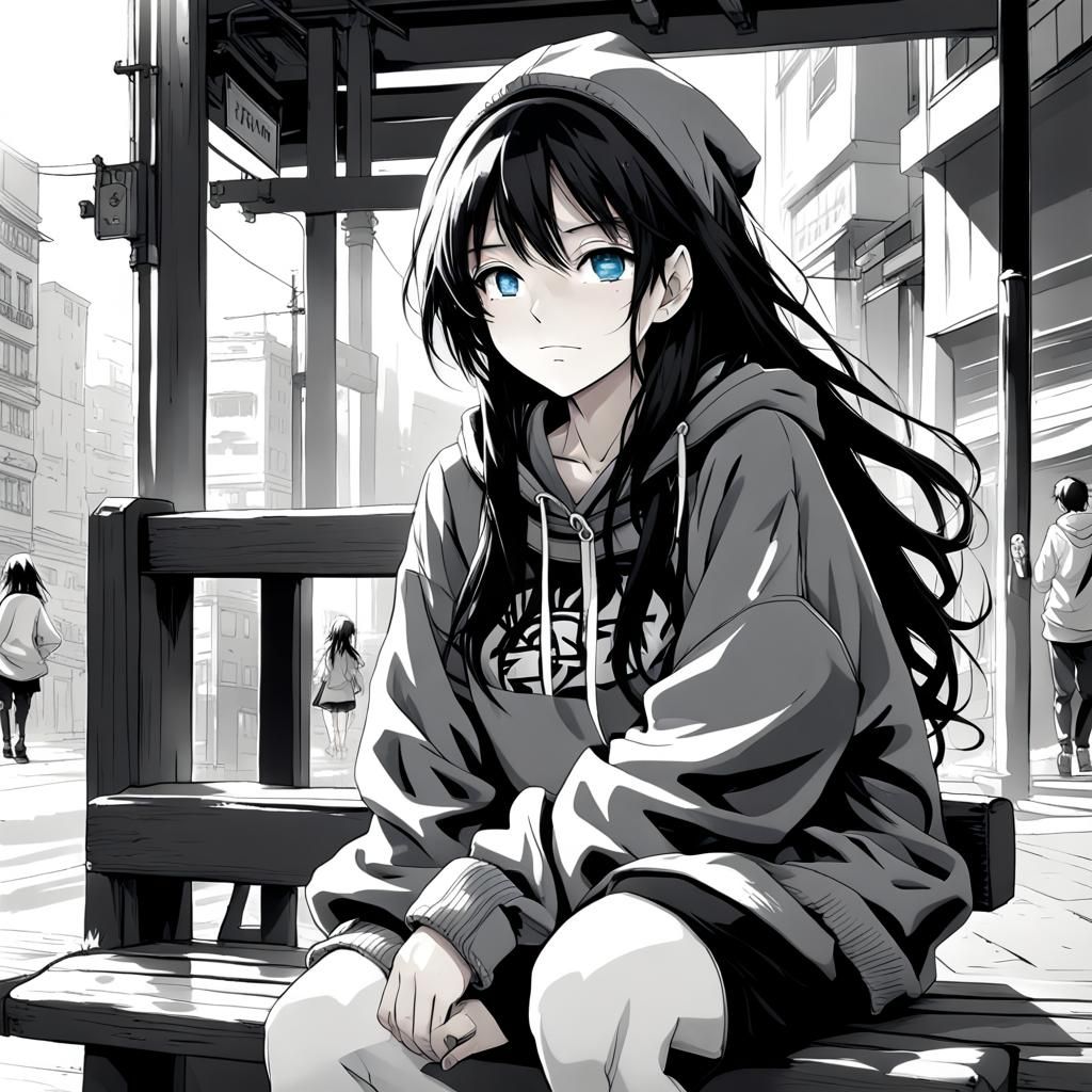 Tomboy Anime Girl on City Bench