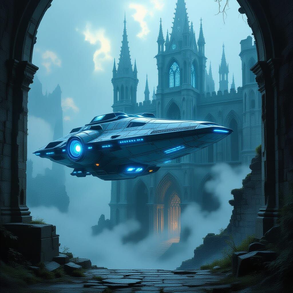 Spaceship Enters Gothic Castle in Science-Fantasy Style