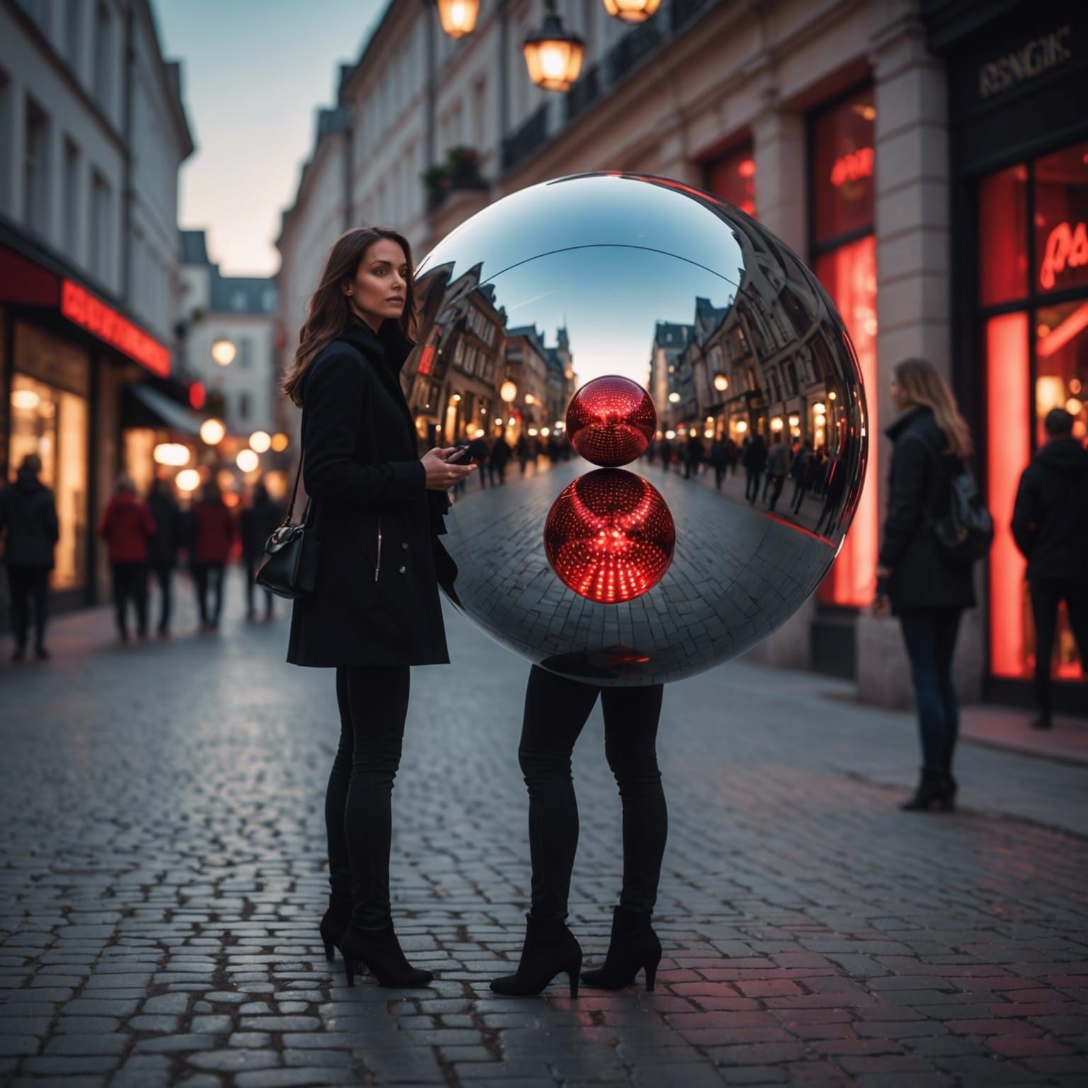 Reflective Sphere with Red Lights in Town Square