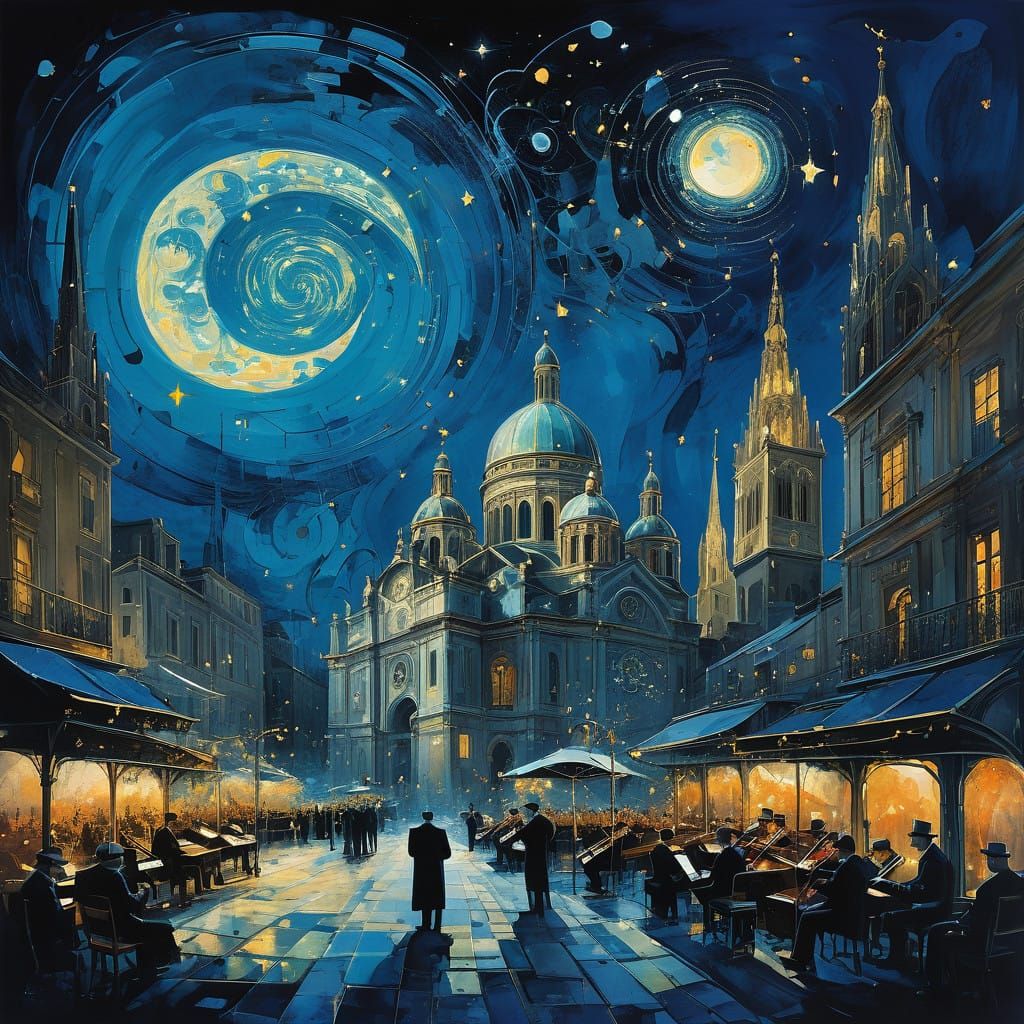 Celestial Harmony: A Chagall-Inspired Nighttime Scene with C...