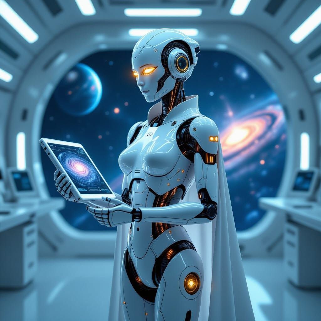 Female Robot in Orbiting Lab, Futuristic Sci-Fi Art