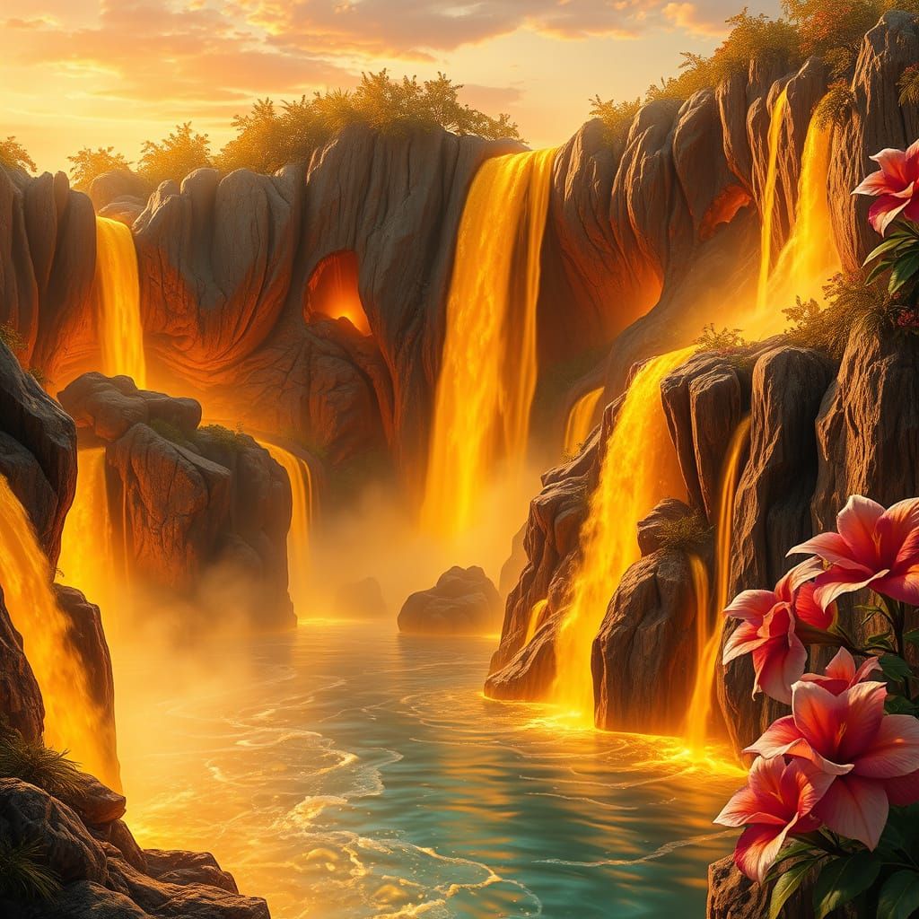 Surreal Golden Waterfall in Radiant Amber and Fiery Hues