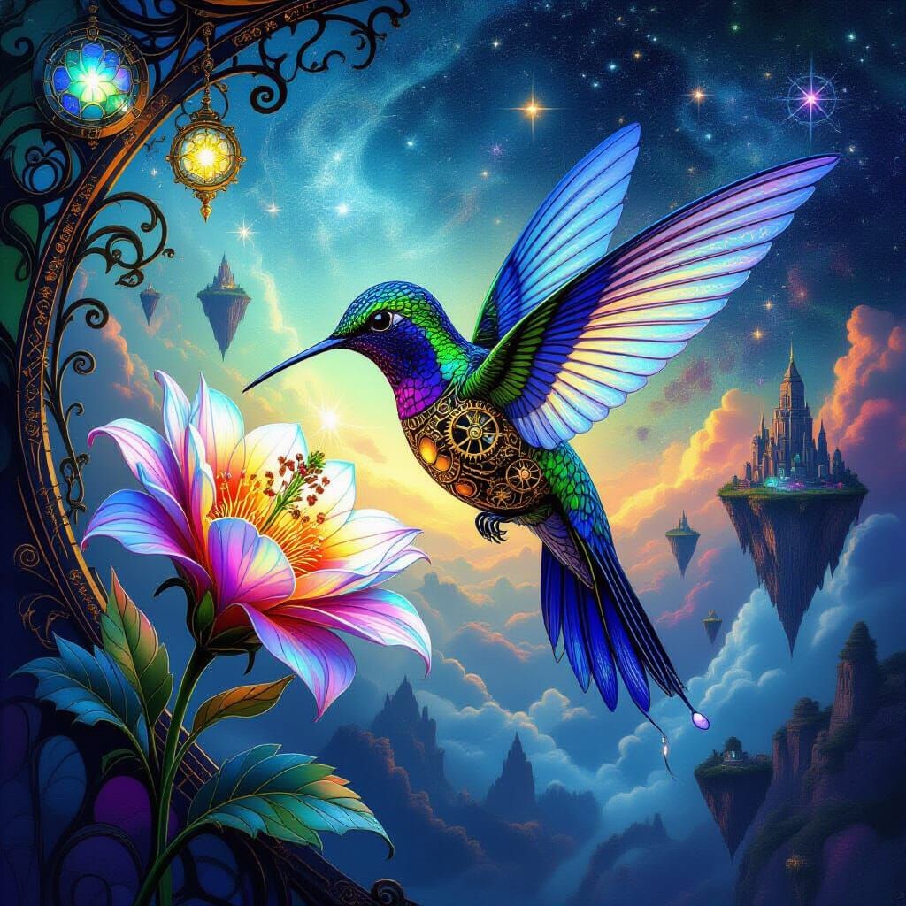 Bioluminescent Steampunk Hummingbird Fairy in Art Nouveau St...