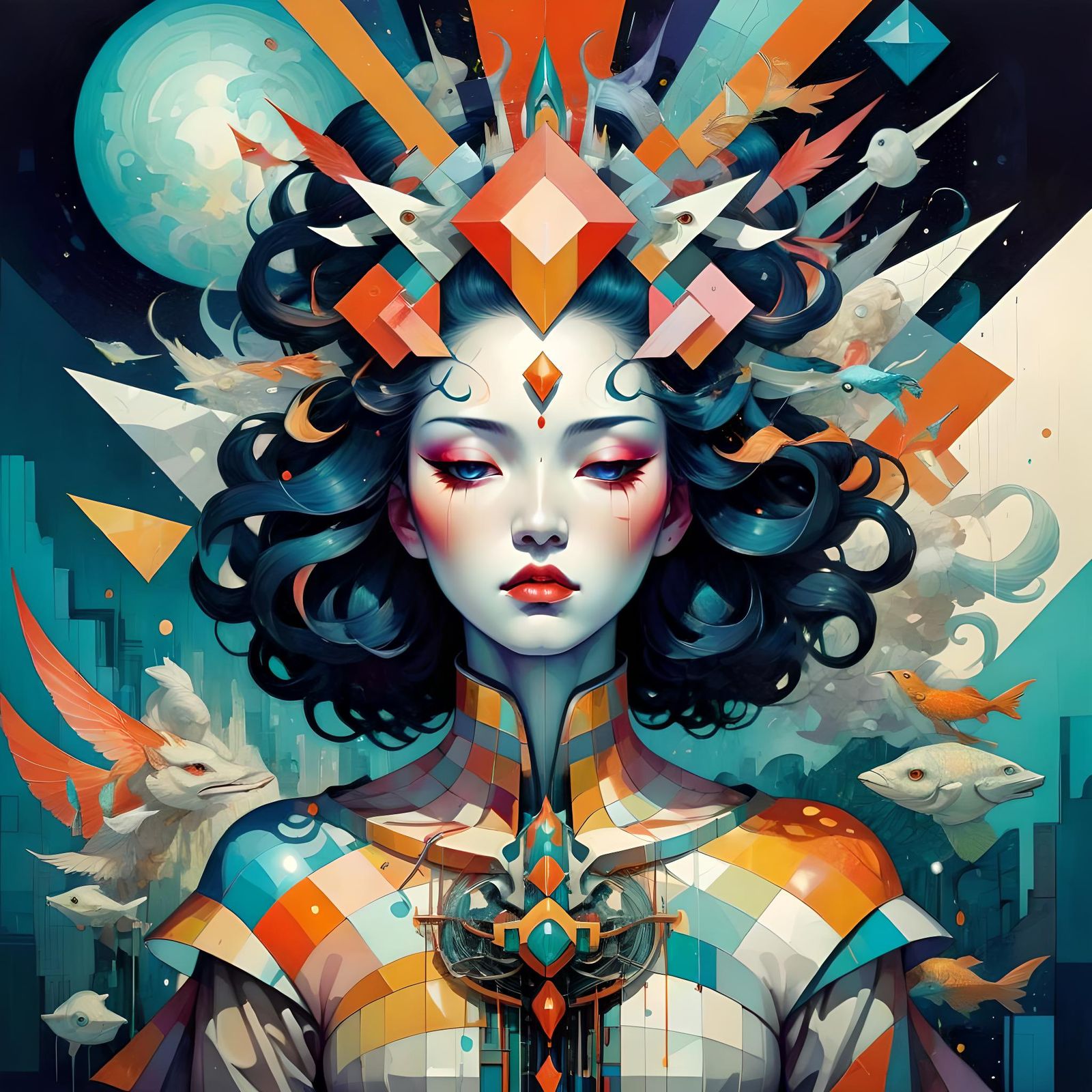 Surreal Cubist Lion with Electric Accents