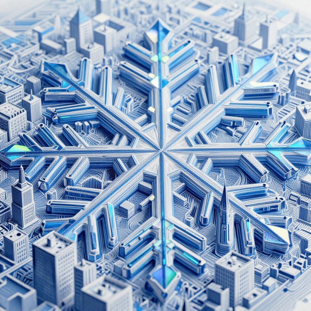 City on Giant Snowflake Macro View