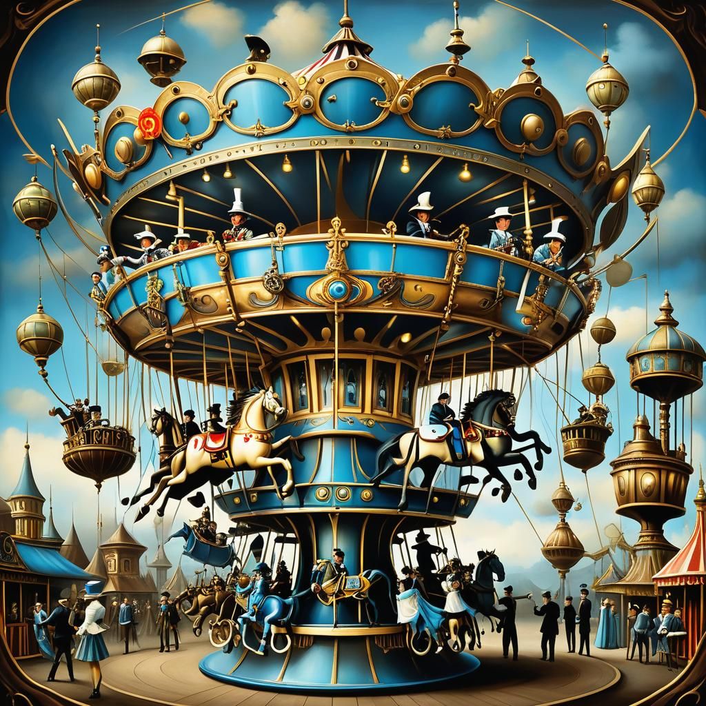 Steampunk Fair Carousel in Surreal Storybook Style