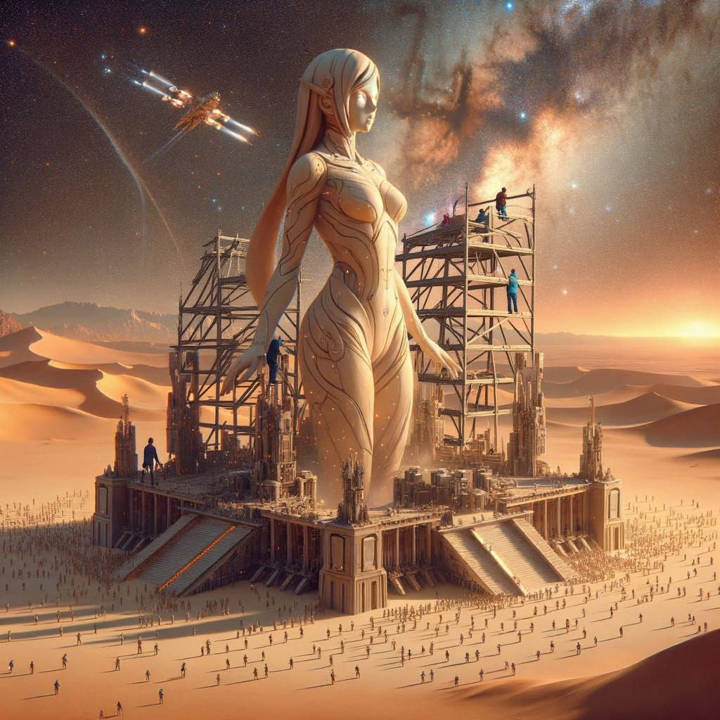 Colossal Anime Statue on Desert Planet in 4K