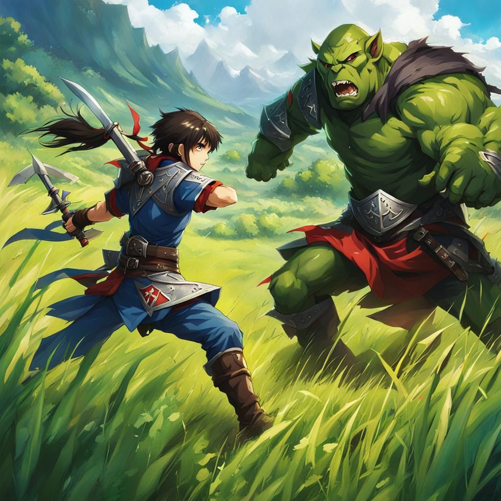 D&D Fighter Battles Orc in Anime Style