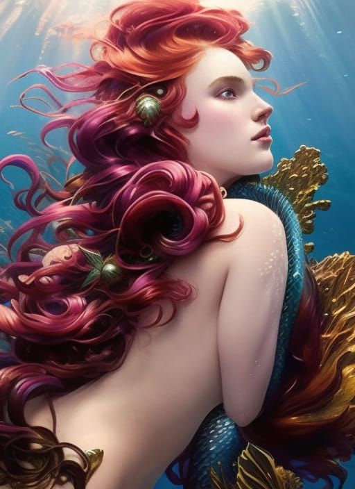 Red-Haired Mermaid Portrait in Hyperdetailed Style