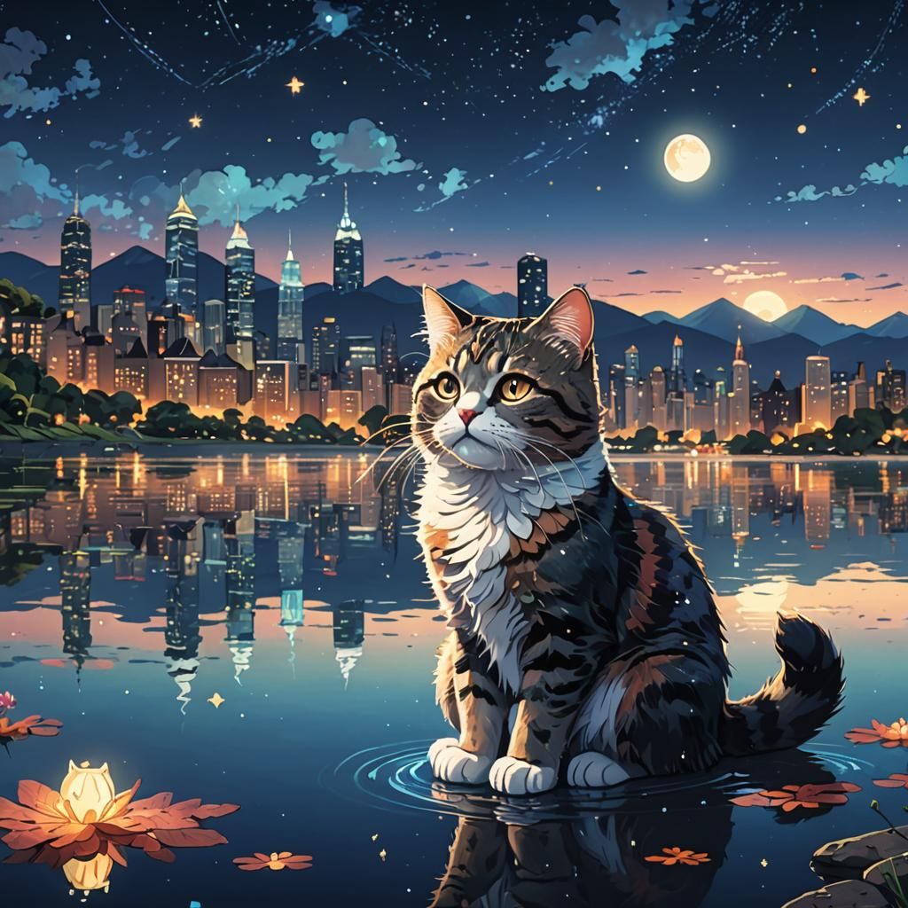 Cat Overlooking City Skyline in Miyazaki Style