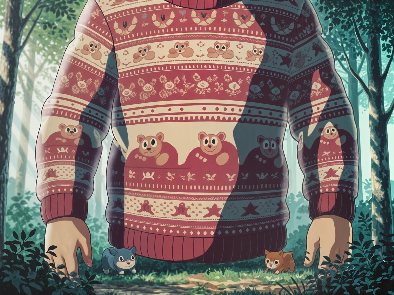 Giant Cozy Sweater Overlooks Enchanting Forest in Anime Styl...
