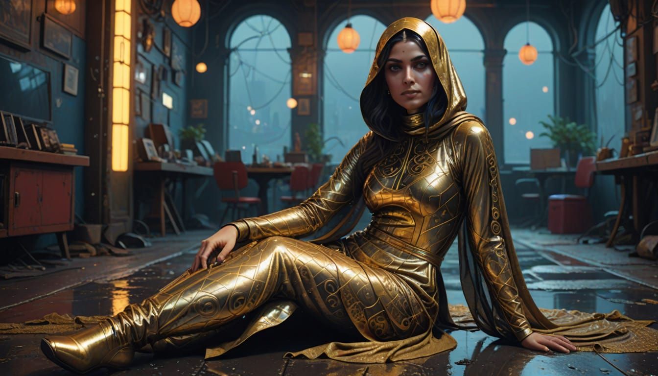 Confident Afghan Goddess in Modern Avant-Garde Latex Burqa a...