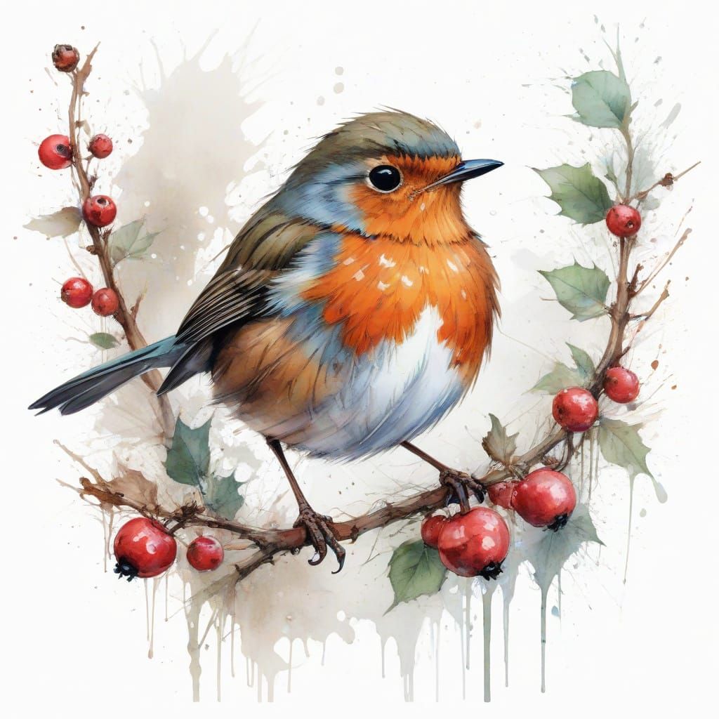 Surreal Winter Robin in Whimsical Watercolour Style