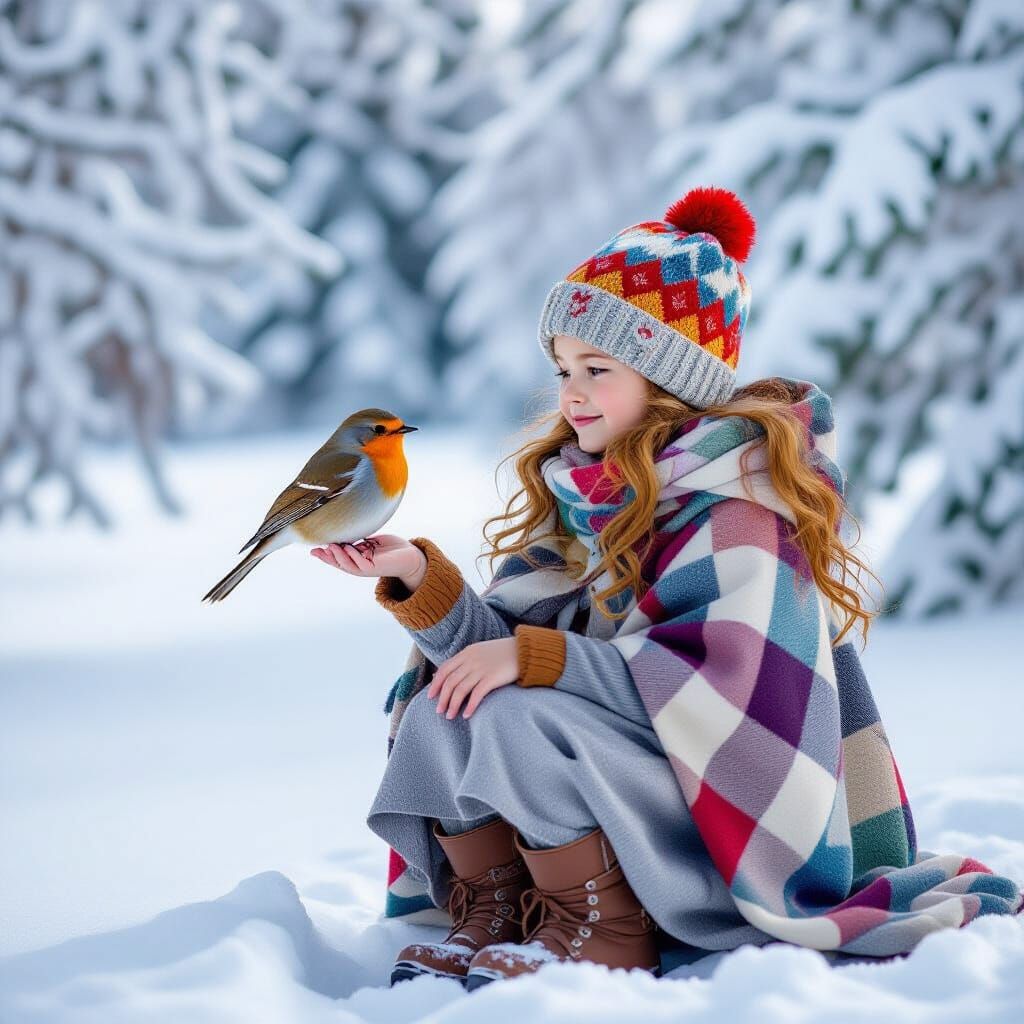 Girl With Robin In Snowy Landscape