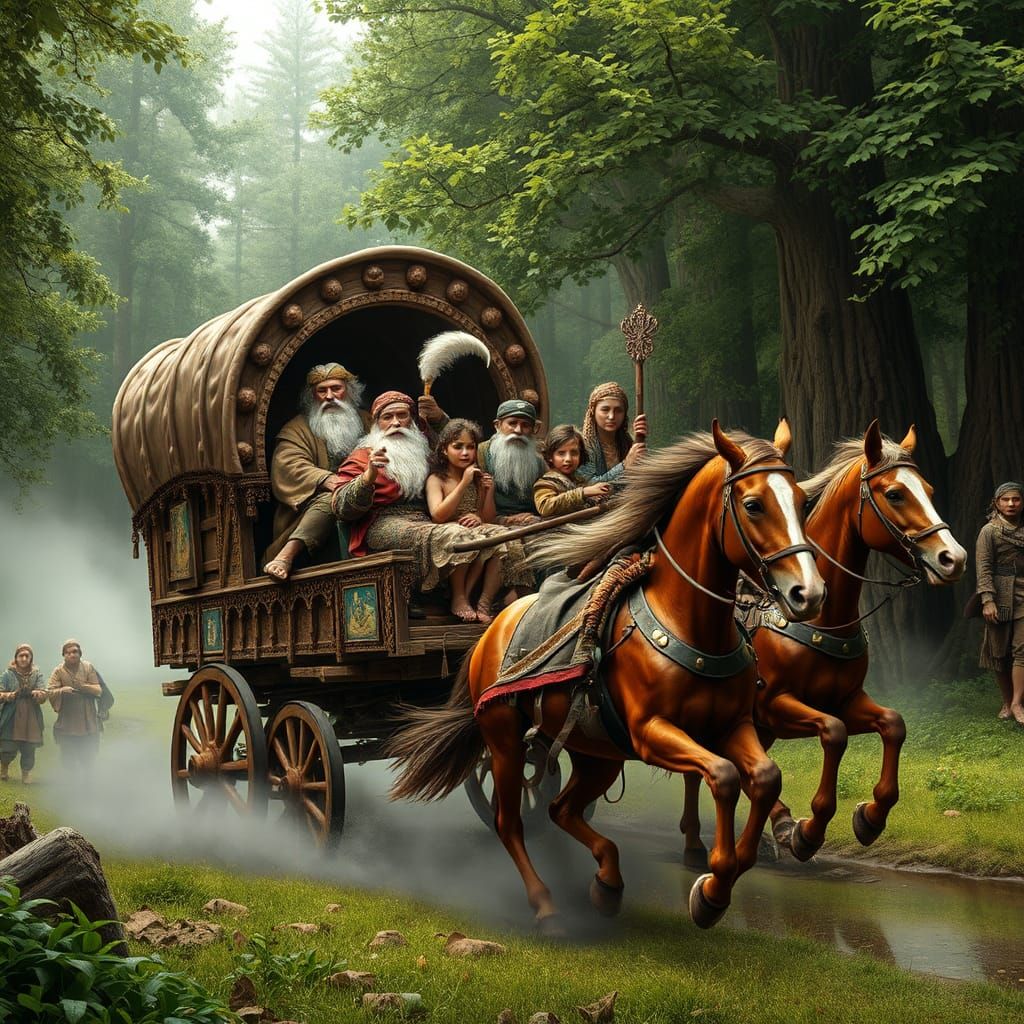 Villagers' Escape in Ornate Gothic Wagon Through Forest