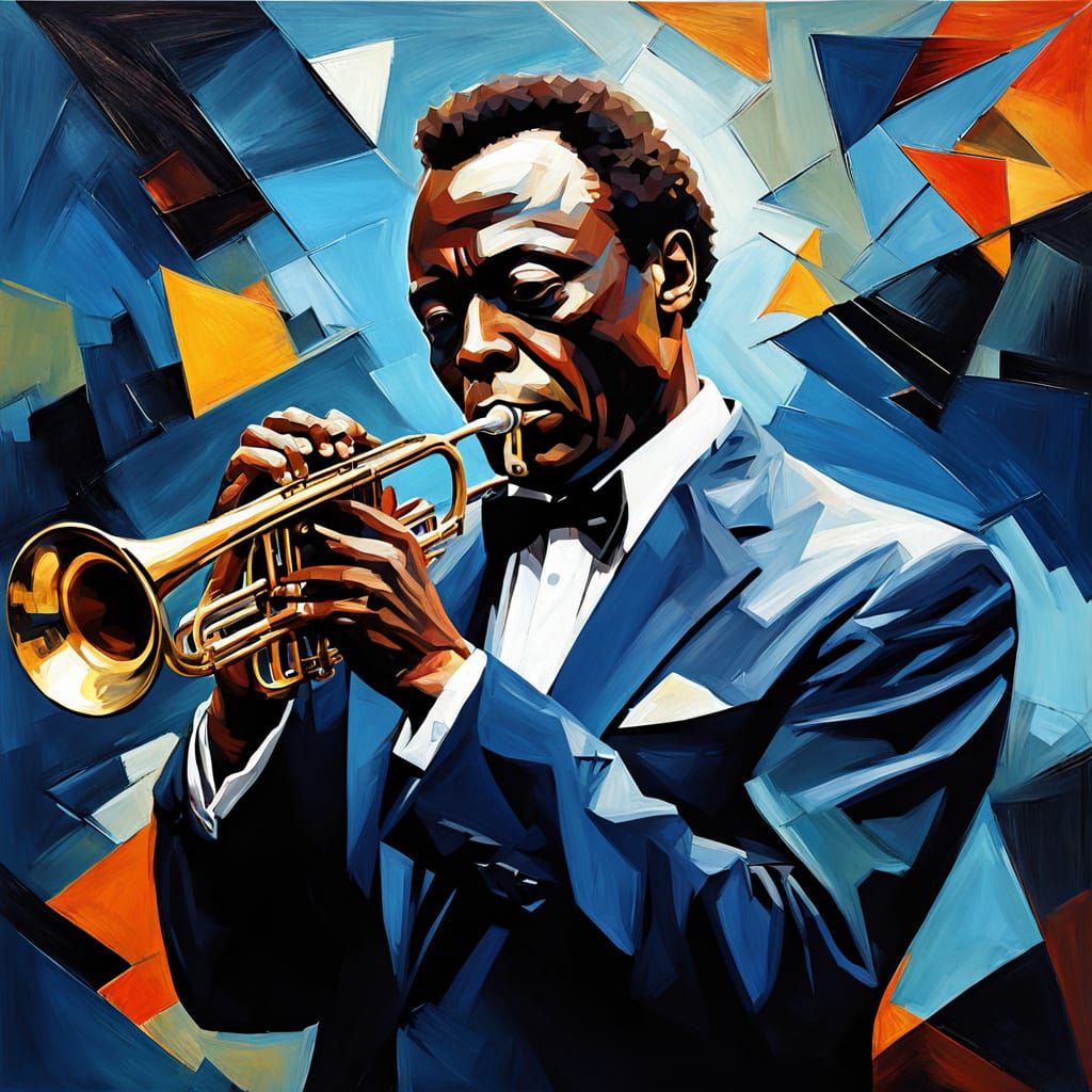 Miles Davis Cubist Painting in Abstract Jazz Club