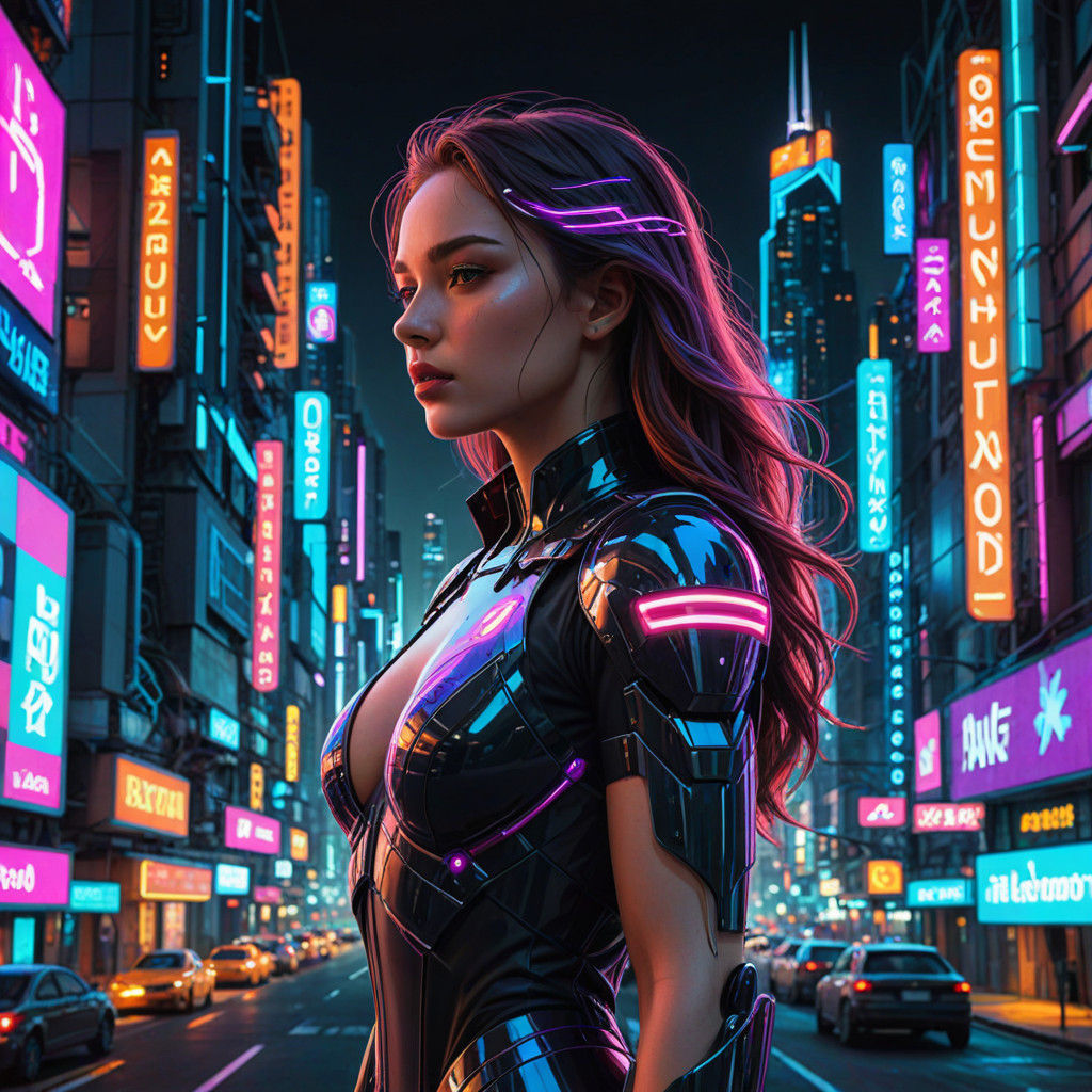 Woman in Futuristic Cityscape with Neon Lights