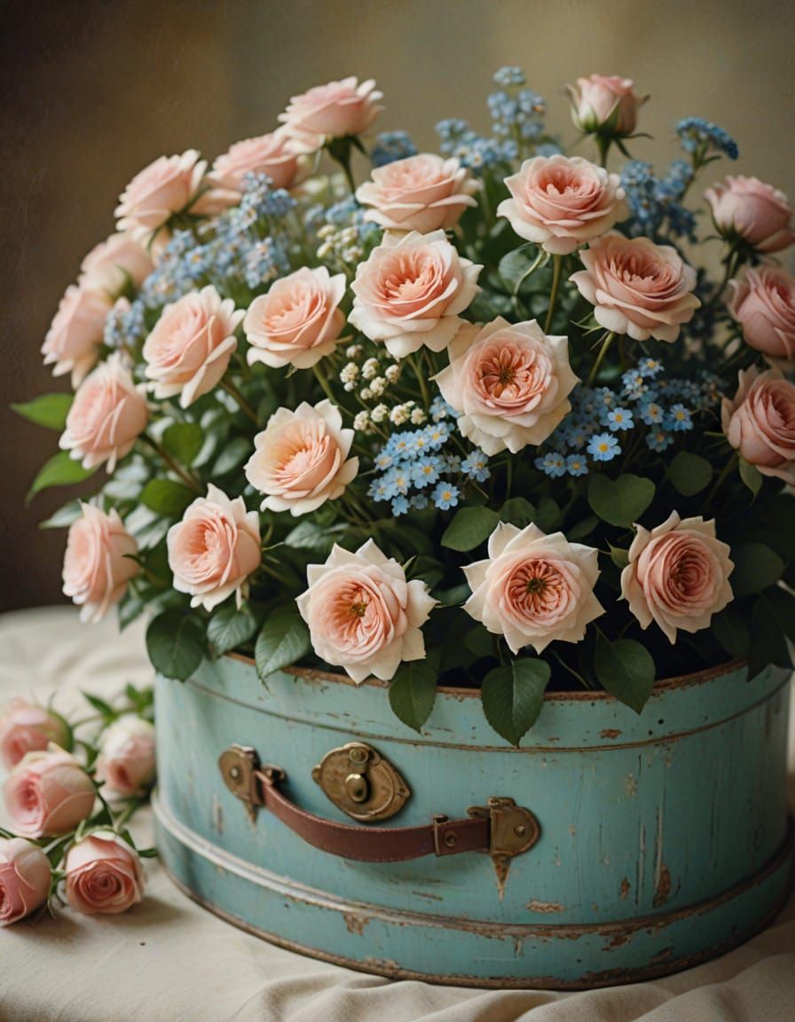 Floral Bouquet in Hatbox: Photorealistic Film Still