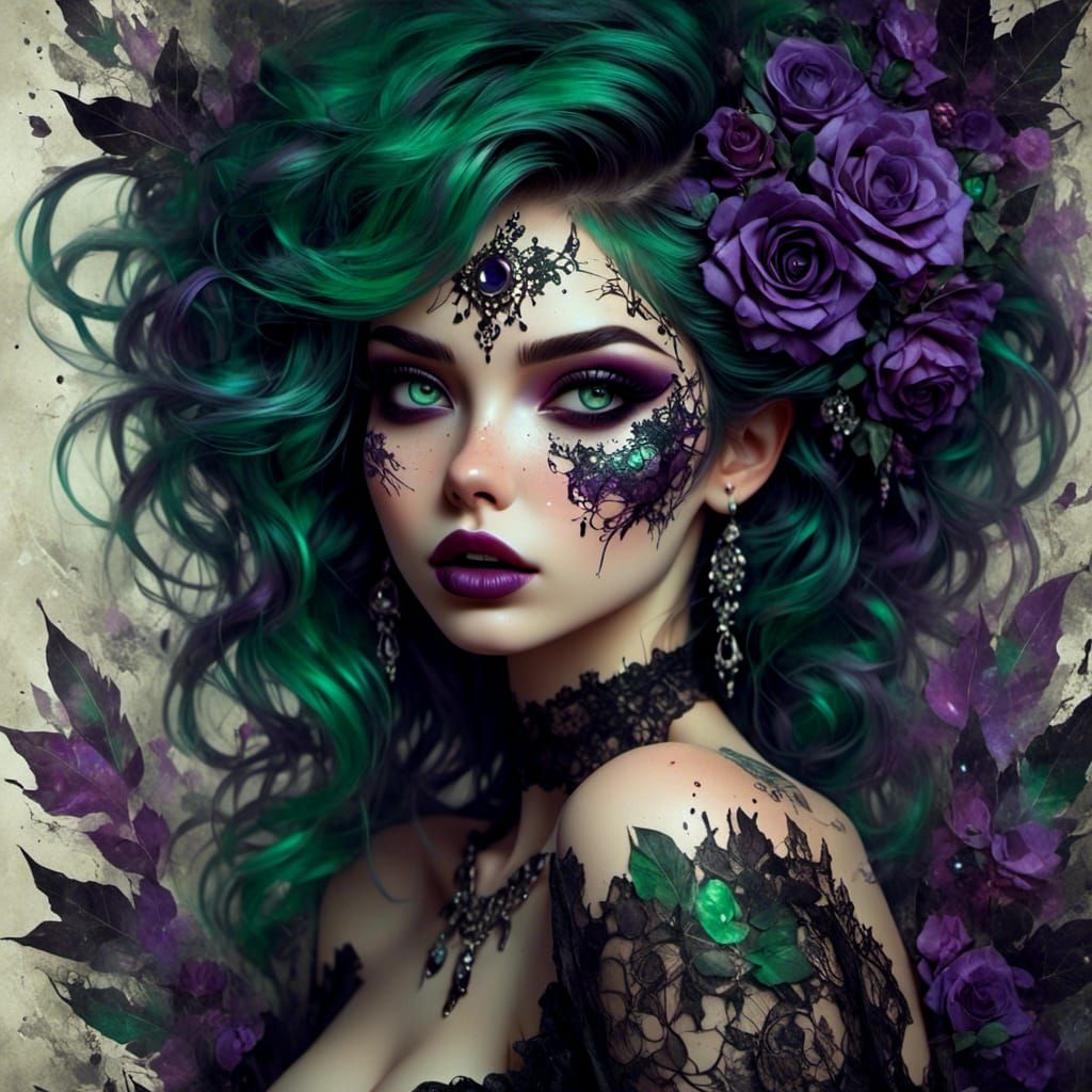 Green and Purple Woman Portrait in Pinup Style