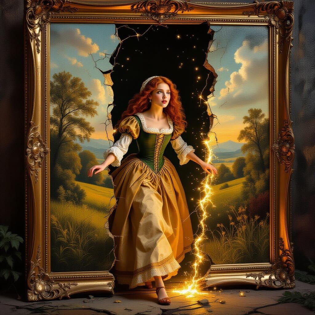 Woman Emerges from Renaissance Painting in Golden Light