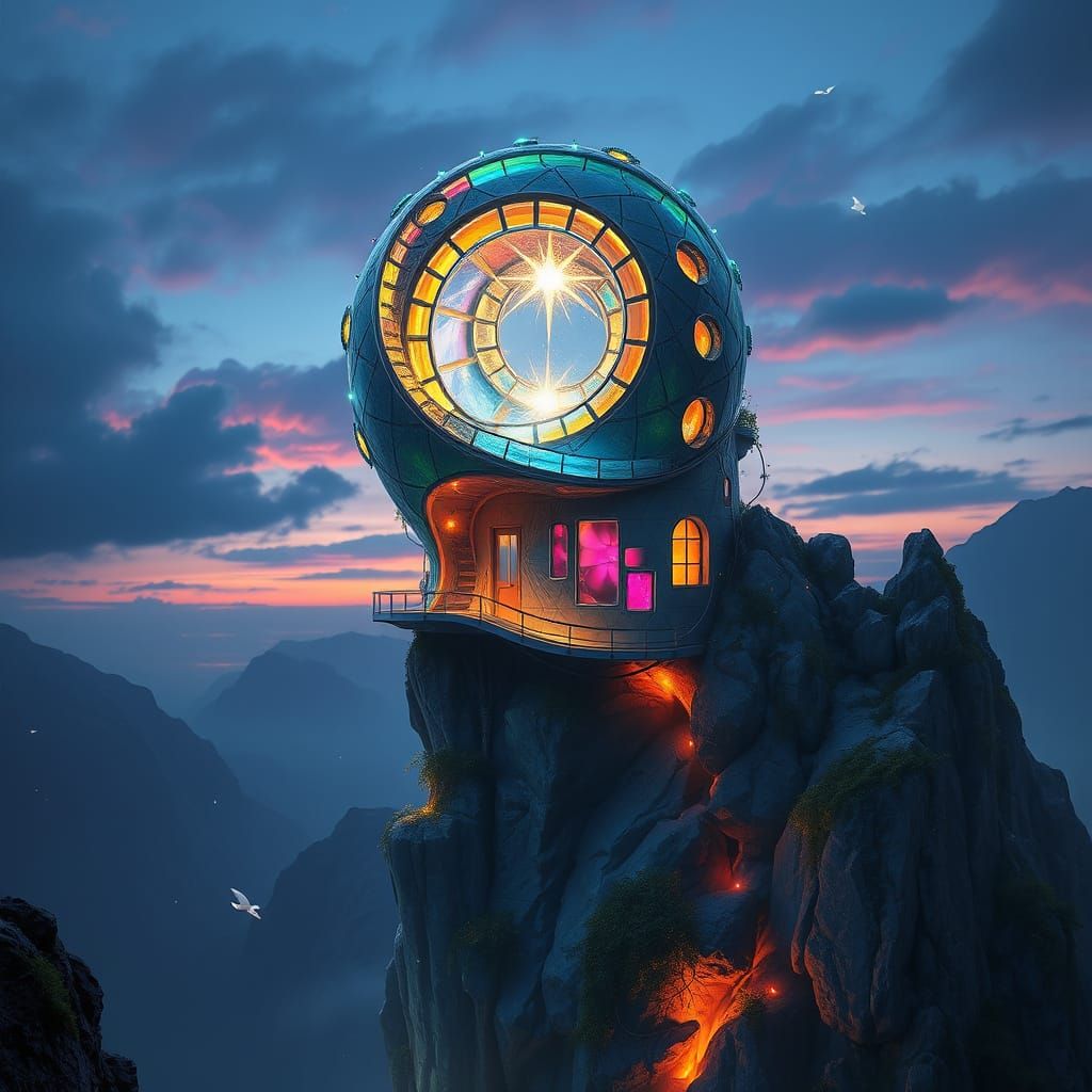 Iridescent Tower Home on Crystalline Cliff
