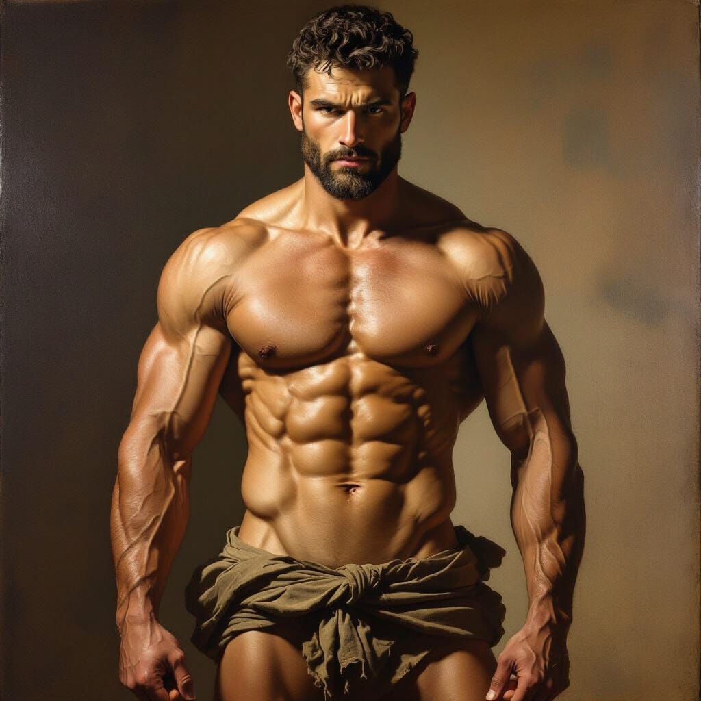 Renaissance Masterpiece: Muscular Male Figure in Dramatic Li...