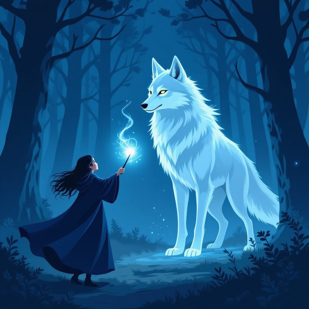 Girl Conjuring a Wolf Patronus in Misty Forest