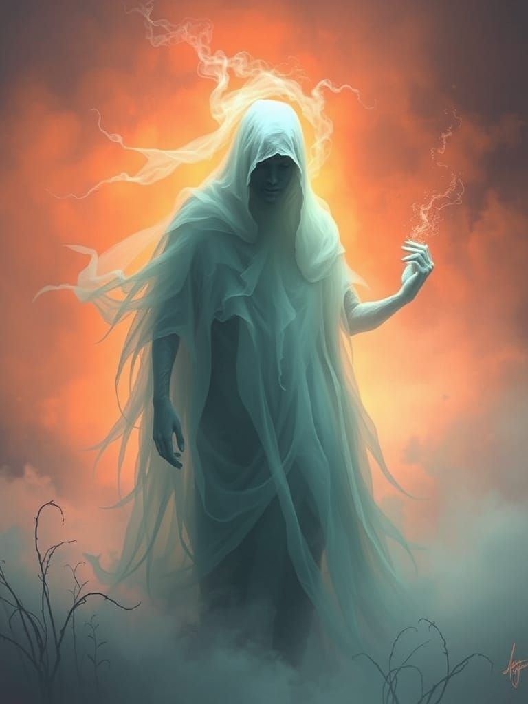 Ethereal Ghostly Figure in Mist with Soft Lighting