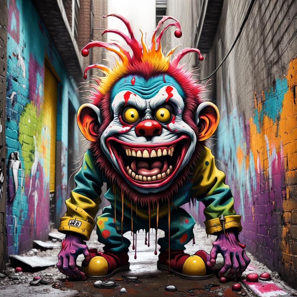 Zombie Monkey Clown Graffiti Art in Urban Alleyway