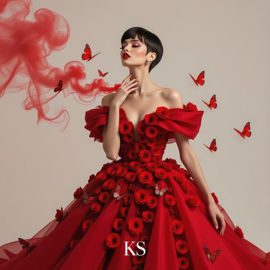 Surreal High-Fashion Portrait of a Woman in Red Gown
