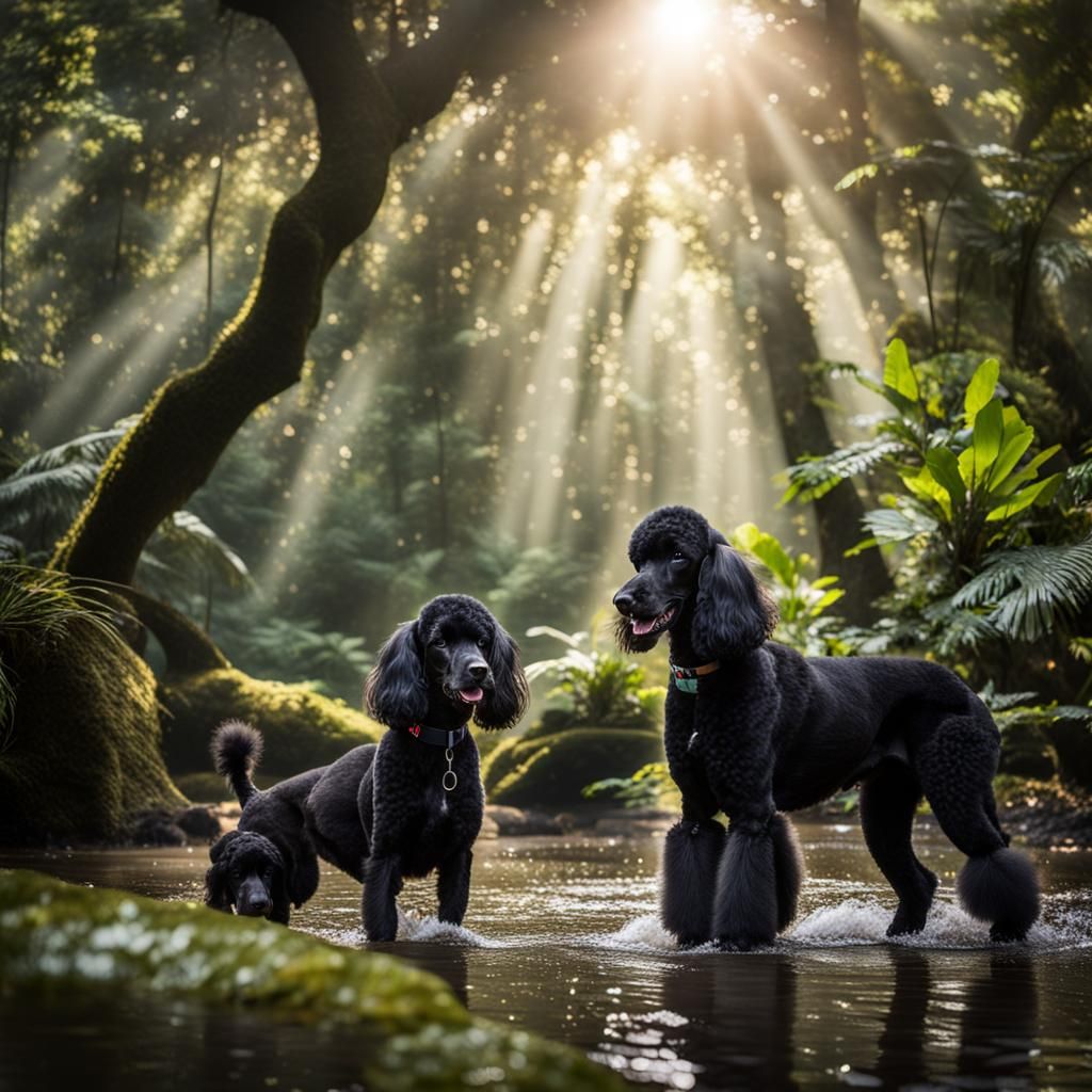 Black Poodles and Jaguar in Rainforest