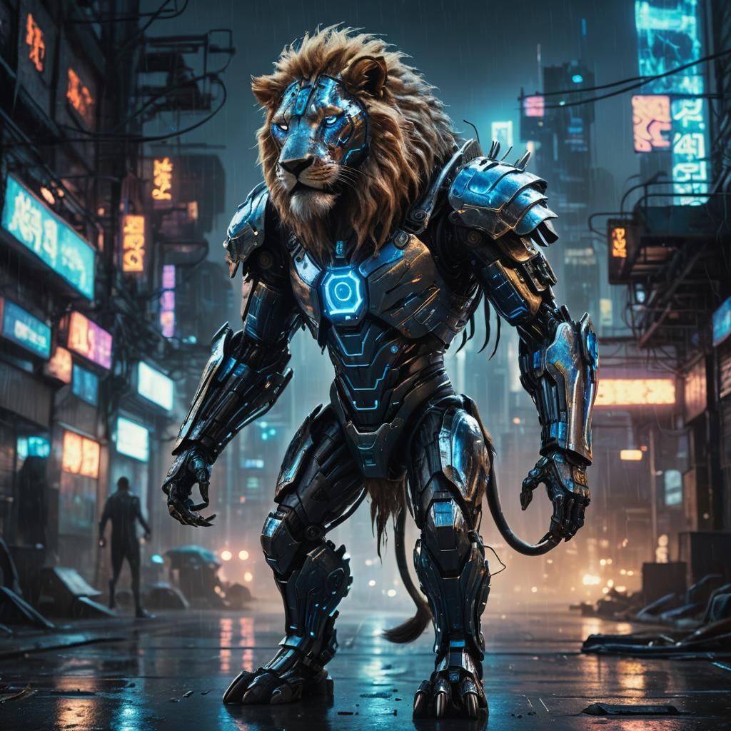 Cyberpunk Lion Warrior in Neon Cityscape