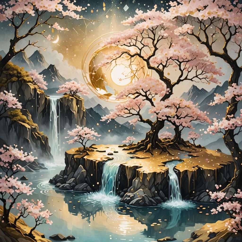 Surreal Island with Sakura and Golden Accents