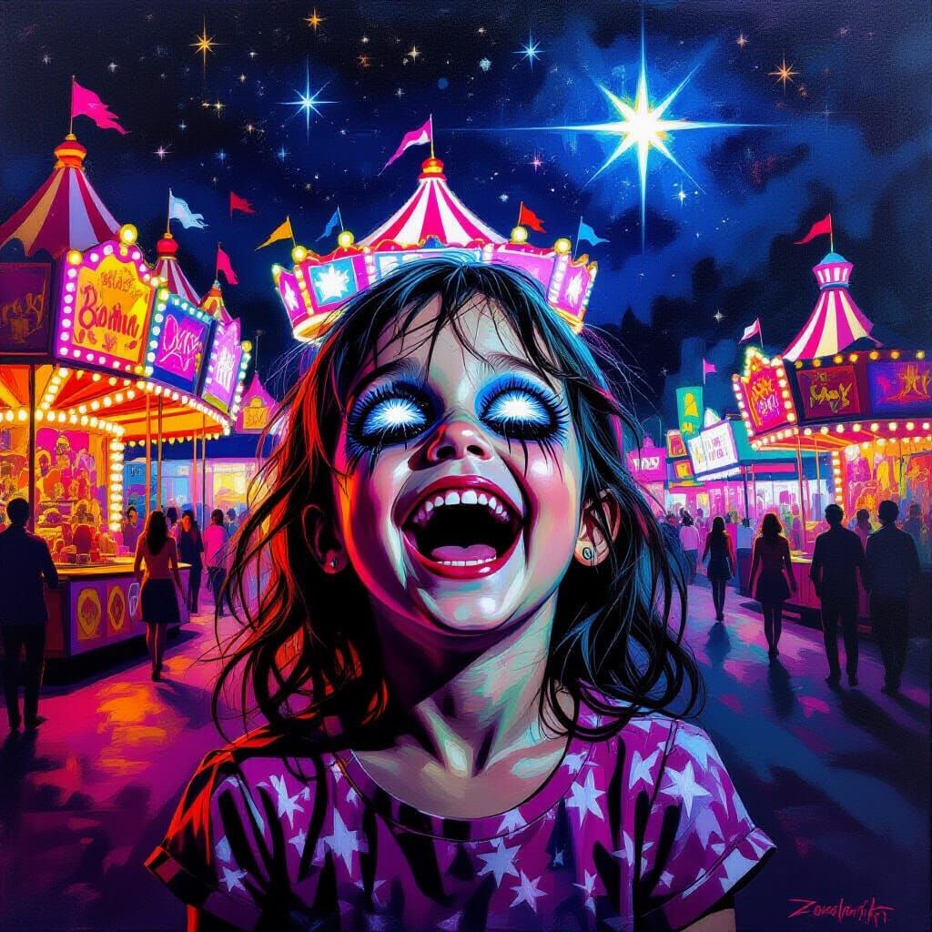 Girl Laughing Hysterically at Neon Carnival at Night
