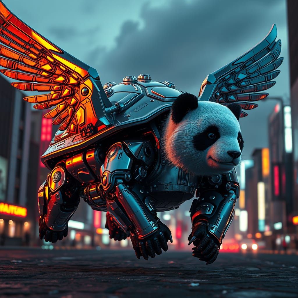Cyberpunk Panda with Turtle Shell Armor Soars through Futuri...