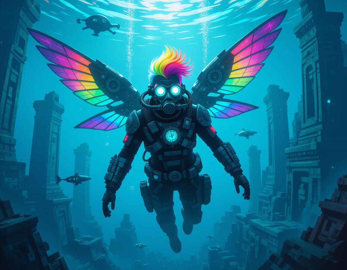 Cyberpunk Diver Explores Sunken City with Clockwork Wings
