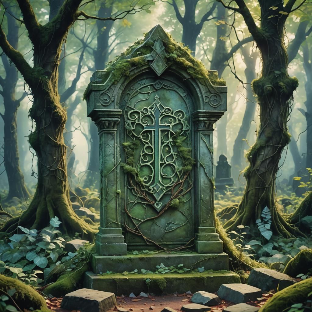 Mystical Tombstone in Ancient Forest: Watercolor Art